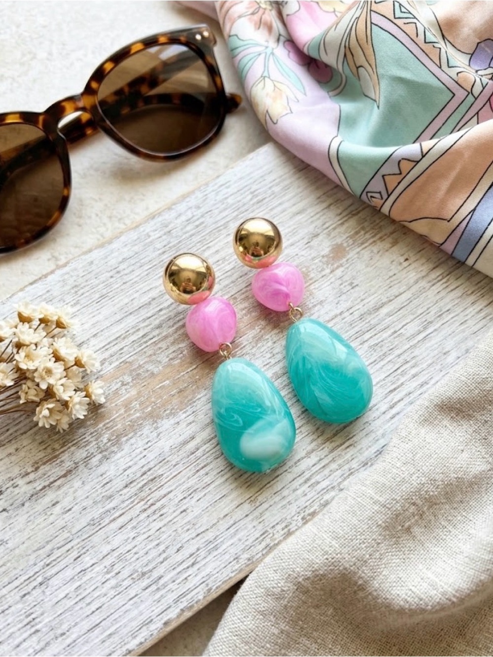 Gold, Pink & Teal Drop Earrings - Fashion Women Accessories